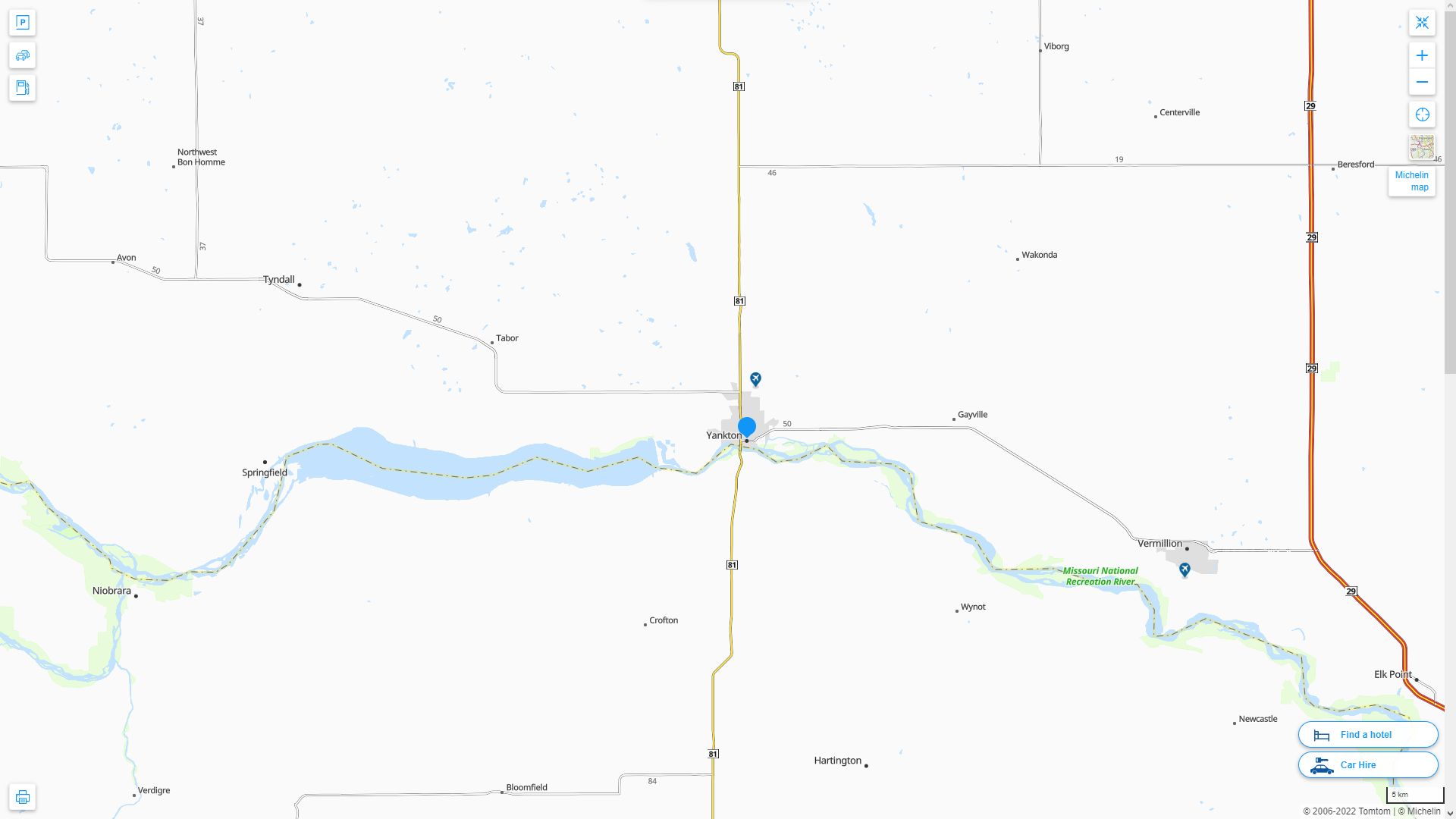 Yankton South Dakota Highway and Road Map